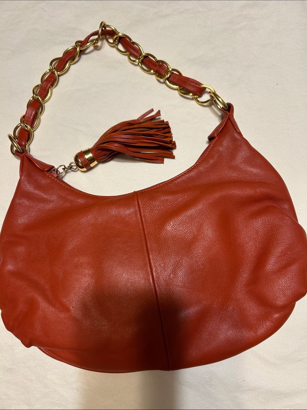 Gold-Chain Shoulder Hobo Bag in Rust Red